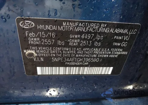 2016 Hyundai Sonata Sport z USA, uszkodzony, nr VIN 5NPE34AF1GH396590